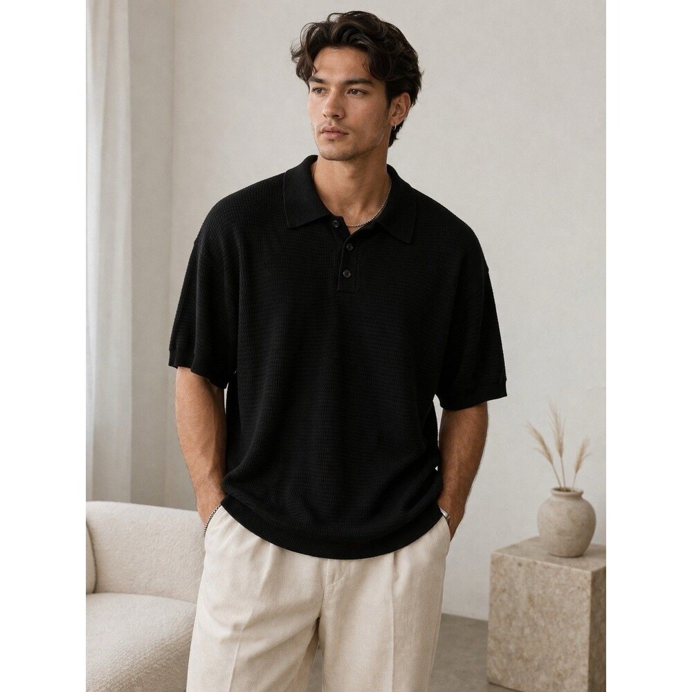 Thom Aaron Sweater Mens XL Black Short Sleeve Knit Polo Casual Minimalist Retro